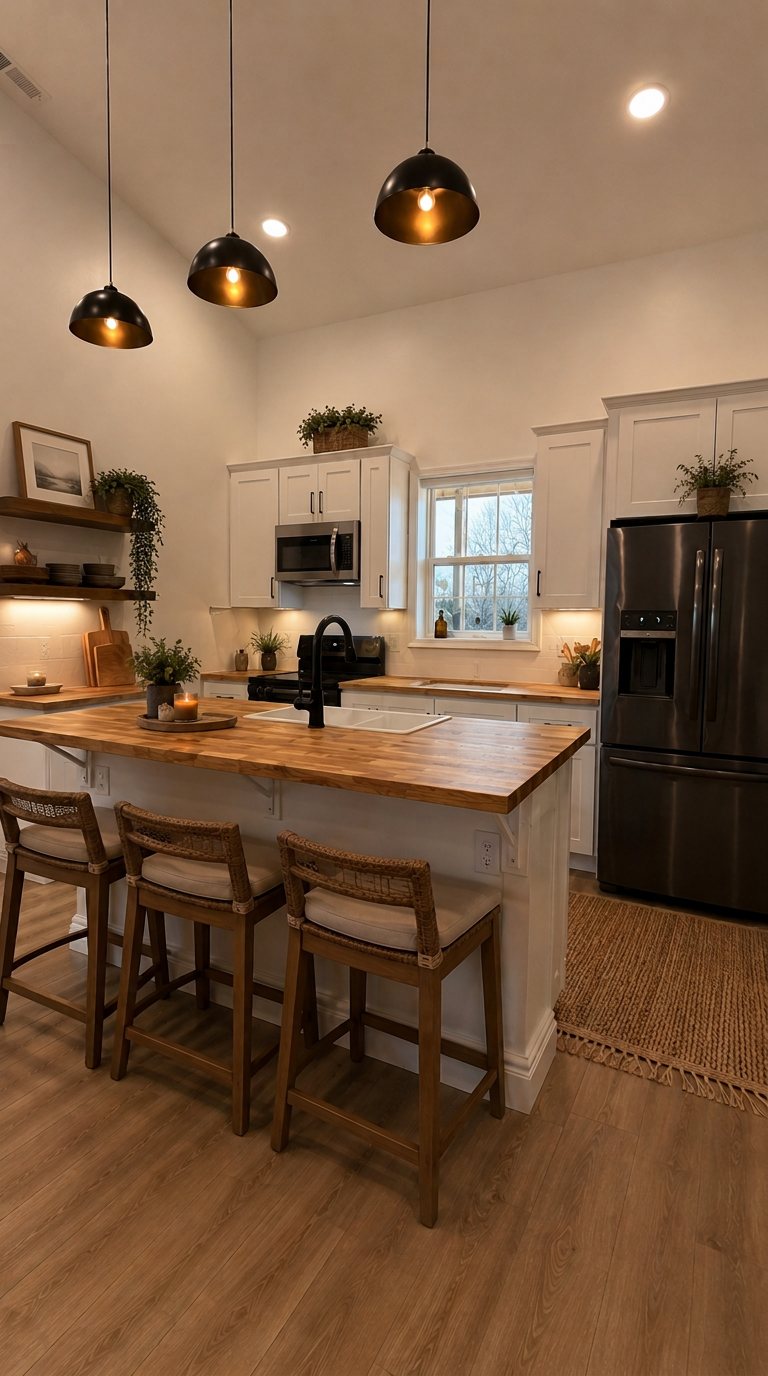 White Kitchen with Butcher Block Island