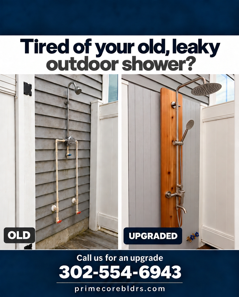 Outdoor shower before and after upgrade with PRIMECORE contact information
